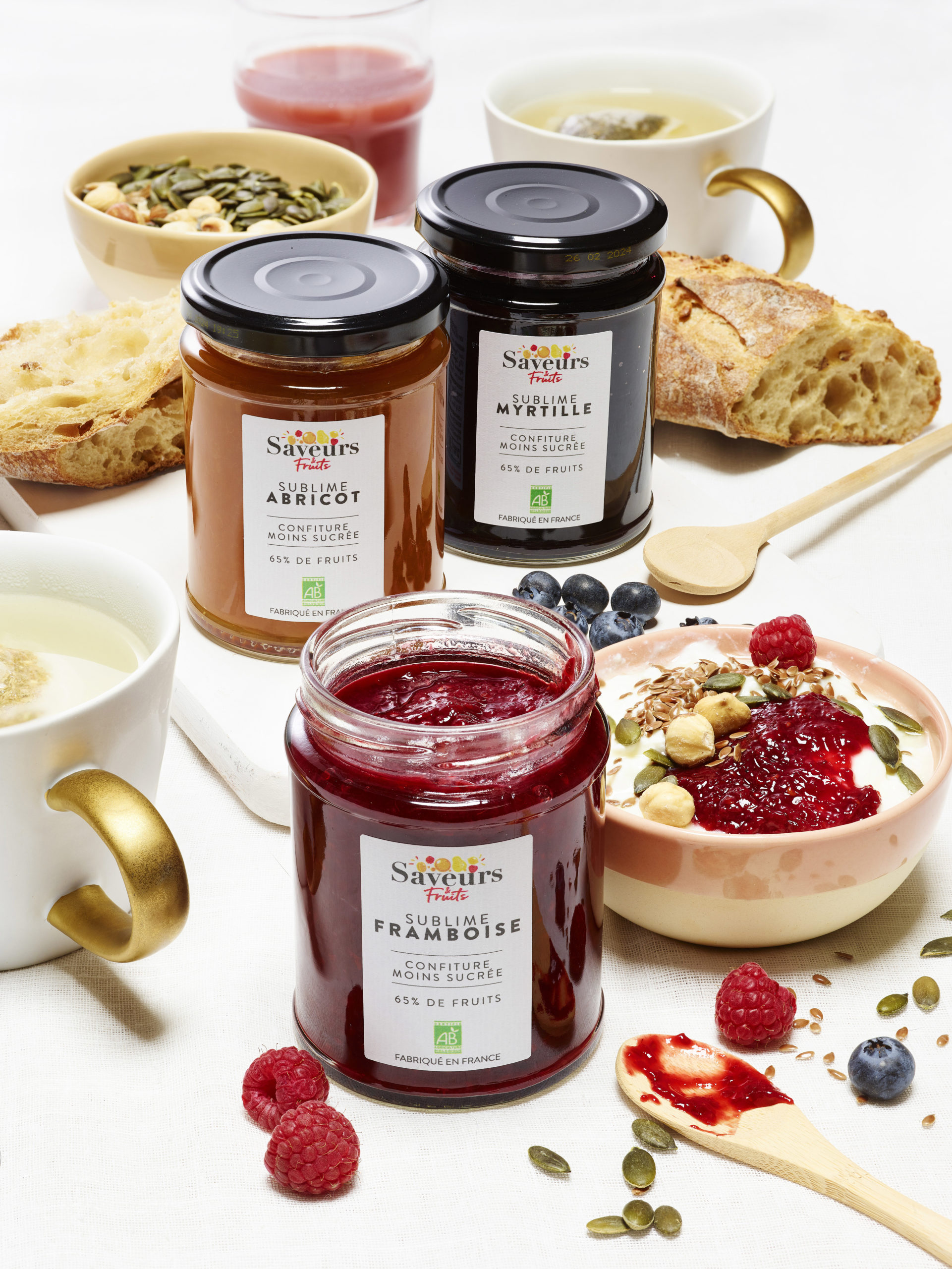 Confitures Bio framboise, abricot et myrtille de chez Saveurs & Fruits